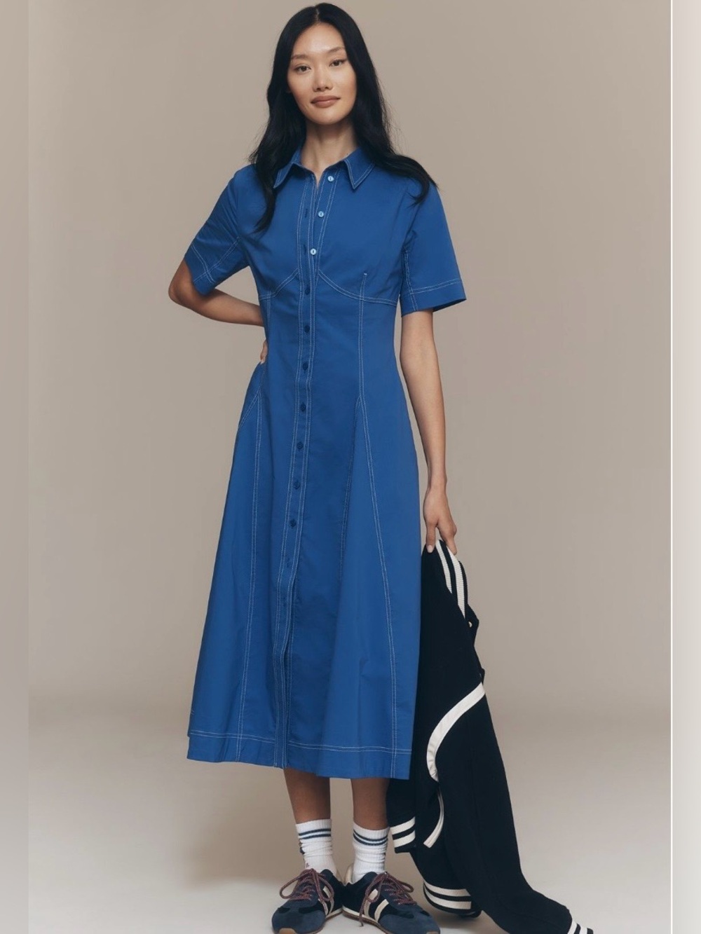 Anthropologie x Exquise Short-Sleeve Seamed Pleated Midi Dress Size LP NWT